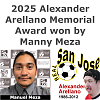 Manuel “Manny” Meza pictured with Alexander Arellano memorial graphic announcing Meza as the 2025 Alexander Arellano Memorial Award recipient for Real San Jose